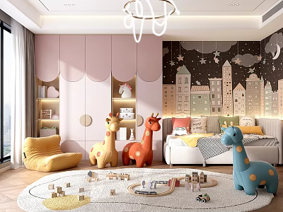 Kids Room Interior With Starry Sky City Building Wall And Giraffe Plush Toys 3d model