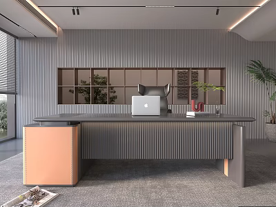 Modern Office Interior Design With Large Desk Laptop Green Plant And Striped Wall 3d model