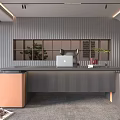 Modern Office Interior Design With Large Desk Laptop Green Plant And Striped Wall