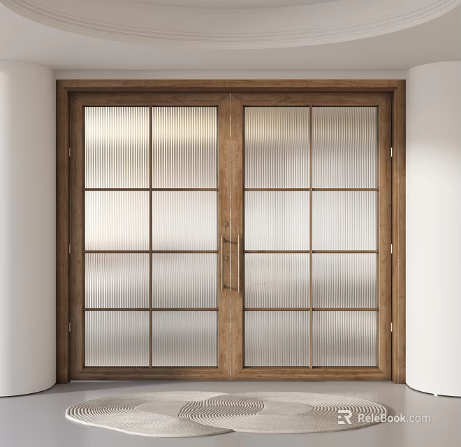 Wooden Frame Double Doors With Ribbed Glass Panels For Modern Interior Design 3d model 