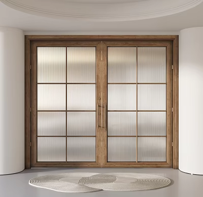 Wooden Frame Double Doors With Ribbed Glass Panels For Modern Interior Design 3d model