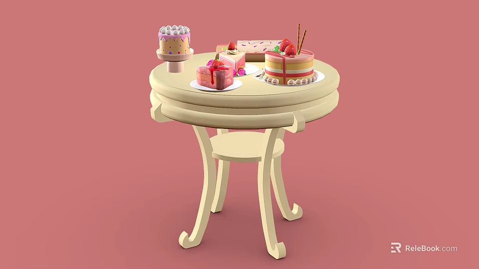 Delicious Assorted Cakes With Strawberry Toppings And Cream Decorations On White Round Table 3d model 
