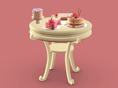 Delicious Assorted Cakes With Strawberry Toppings And Cream Decorations On White Round Table 3d model