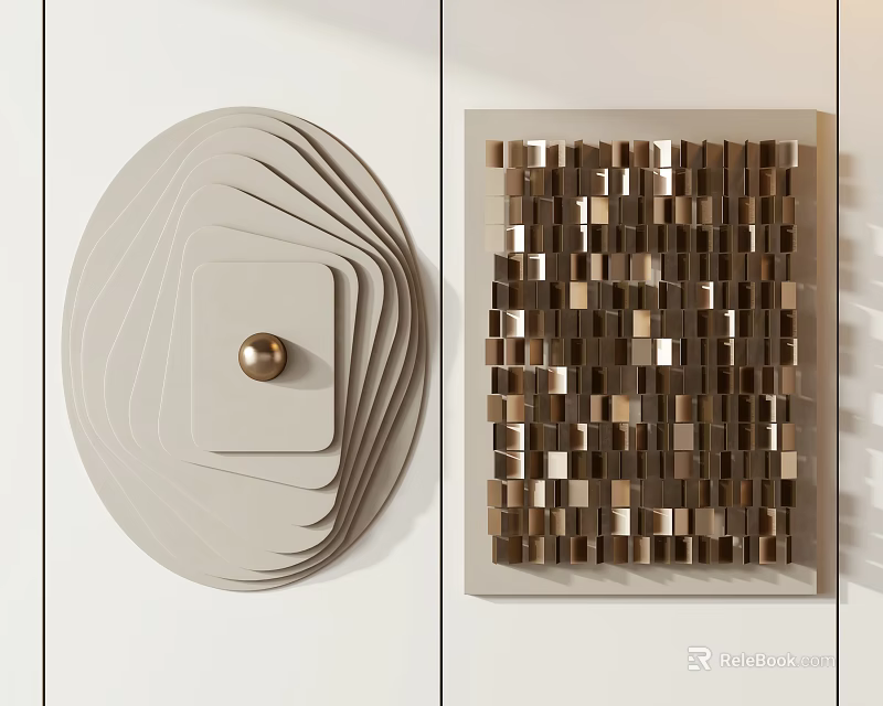 Modern Wall Decor With Circular Layered Design And Golden Square Grid Cube Patterns 3d model 