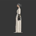 Classic Light Colored Long Dress With Black Decorative Sleeves And Waist Belt