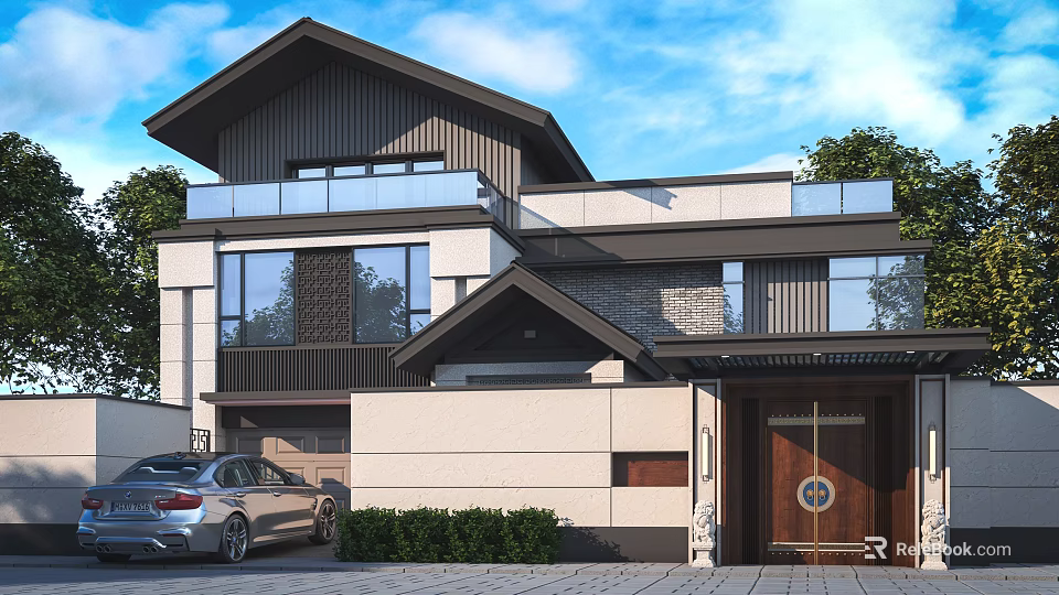 Modern Detached Villa Exterior With Large Glass Windows Wooden Door Balcony And Front Greenery 3d model 