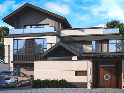 Modern Detached Villa Exterior With Large Glass Windows Wooden Door Balcony And Front Greenery 3d model