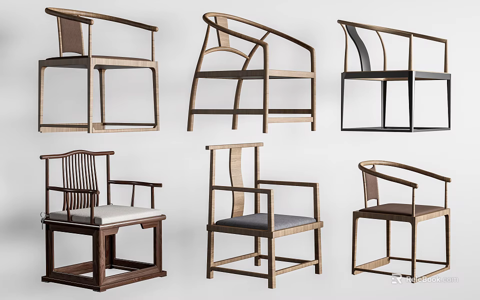 Modern Chinese Style Wooden Lounge Chairs With Curved Armrests And Different Backrest Designs 3d model 
