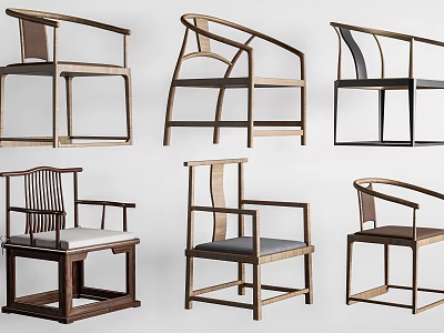 Modern Chinese Style Wooden Lounge Chairs With Curved Armrests And Different Backrest Designs 3d model