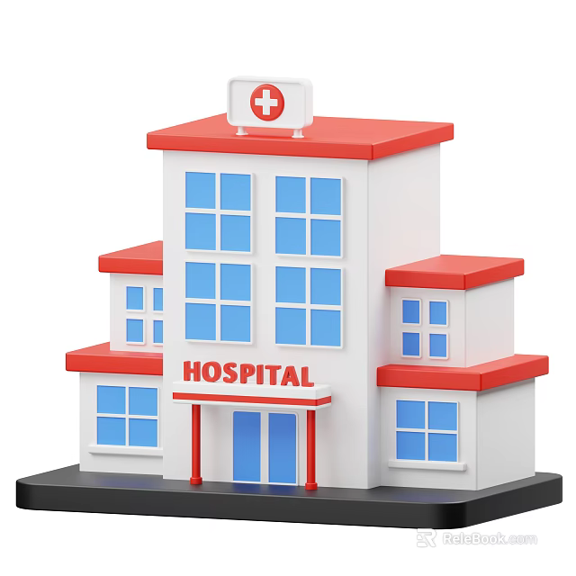 White and Red Hospital Building With Red Cross Sign Blue Windows and Doors 3d model 