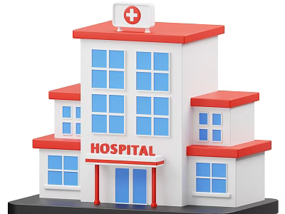 White and Red Hospital Building With Red Cross Sign Blue Windows and Doors 3d model
