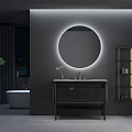 Modern Bathroom Vanity Cabinet With Dark Wood Design Round Illuminated Mirror And Metal Shelf