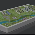 Urban Building Complex With Riverfront Green Space And City Development Plan
