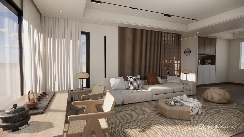 Modern Living And Dining Area Interior With Sofa Wooden Furniture Rug And Natural Light 3d model 