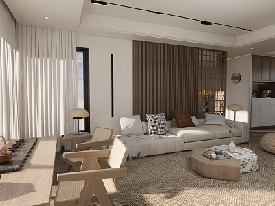 Modern Living And Dining Area Interior With Sofa Wooden Furniture Rug And Natural Light 3d model