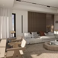 Modern Living And Dining Area Interior With Sofa Wooden Furniture Rug And Natural Light