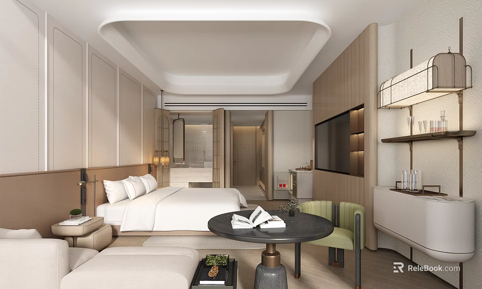 Modern Boutique Guesthouse Room With King Size Bed Round Table And Wooden Decor 3d model 