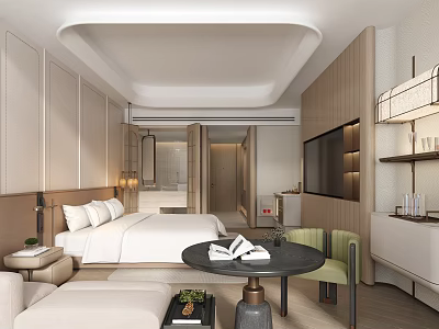 Modern Boutique Guesthouse Room With King Size Bed Round Table And Wooden Decor 3d model