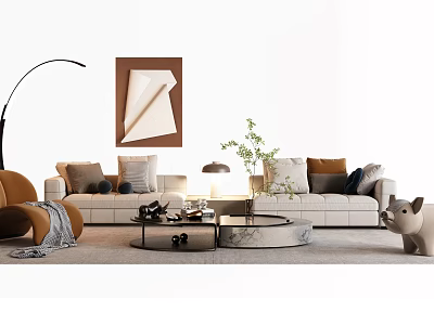 Modern Sofa and Coffee Table Set with Beige Upholstery Marble Top and Decorative Pillows 3d model