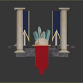 Classical Architectural Columns Display With Stone Pedestals And Red Decorative Strip On Platform