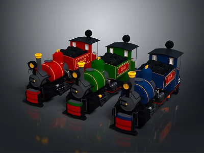 Colorful Vintage Style Toy Trains Red Green Blue Locomotives With Black Chimneys 3d model