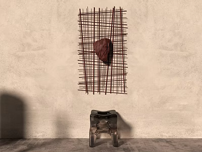 Textured Wall Featuring Metal Grid Artwork With Stone Accent And Black Stool 3d model Textured Wall Featuring Metal Grid Artwork With Stone Accent And Black Stool 3d model