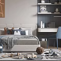 Modern Kids Room Interior With Bed Desk Chair Artwork And Playful Toys On Rug