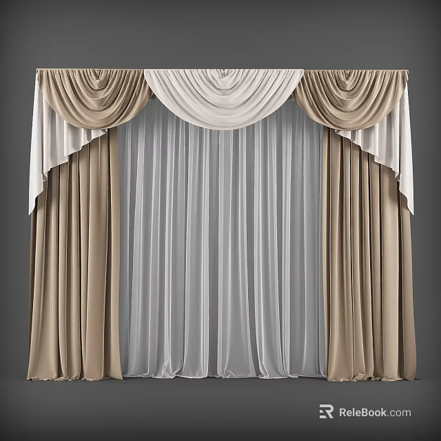 Elegant Double Layer Curtains With Beige Outer And White Sheer Inner Layers 3d model