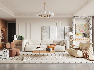 Modern Living Room Interior Design With Beige Sofa Patterned Rug And White Chandelier 3d model