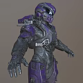 Purple Gray Mechanical Armor Sci Fi Character With Detailed Warrior Design Full Body View