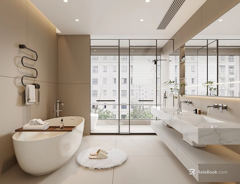 Modern Bathroom Design Featuring Freestanding Bathtub Marble Vanity Large Mirror And Floor To Ceiling Window 3d model 