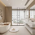 Modern Bathroom Design Featuring Freestanding Bathtub Marble Vanity Large Mirror And Floor To Ceiling Window