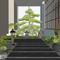 Tranquil Indoor Landscape With Stone Steps Potted Pine Lanterns And Green Plants 3d model