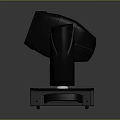 Black Moving Head Stage Lighting Fixture With Purple Beam On Gray Background