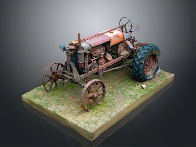 Vintage Tractor Model Displayed On Grass Covered Base With Detailed Parts 3d model