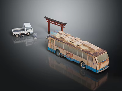 Old Rusty Bus With White Truck And Red Torii Gate In Scene 3d model