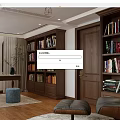 Study Room Interior With Wooden Bookshelves Desk Blue Stools Leather Chair And Arch Windows
