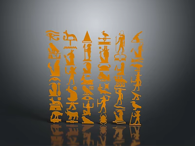 Orange Hieroglyphic Style Sculpture Carving With Multiple Symbolic Figures Against Gray Background And Reflection 3d model