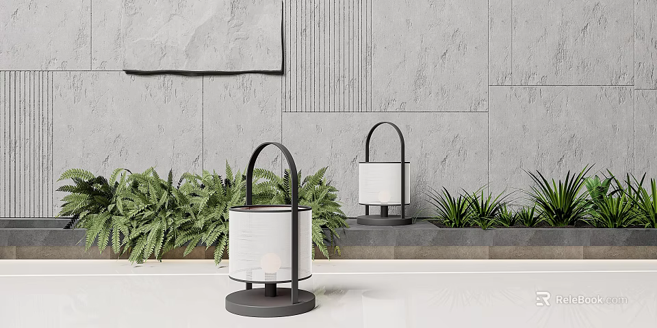 Modern Minimalist Outdoor Lights With Black Metal Frame White Linen Shade And Green Plant Background 3d model 