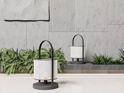 Modern Minimalist Outdoor Lights With Black Metal Frame White Linen Shade And Green Plant Background 3d model