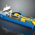 3D Rendered Industrial Ship In Blue And Yellow With Equipment