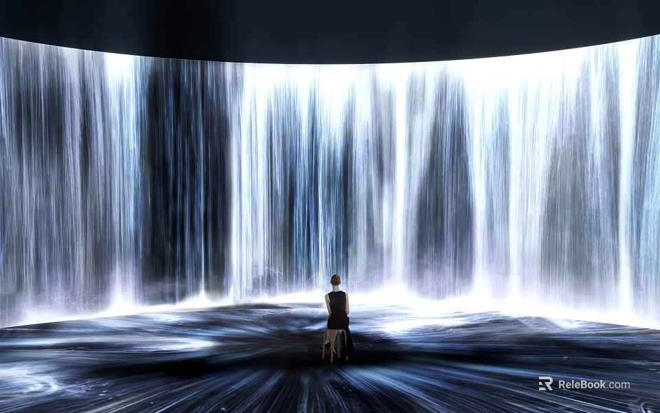 Person Sitting on Chair Facing Giant Flowing Water Curtain with Flowing Light on Ground 3d model 