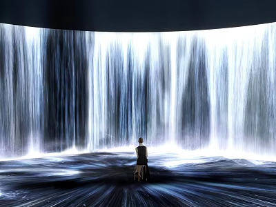 Person Sitting on Chair Facing Giant Flowing Water Curtain with Flowing Light on Ground 3d model