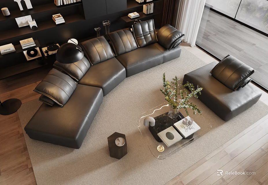 Modern Interior Black Leather L Shaped Sofa And Coffee Table Set With Vase And Plants 3d model 