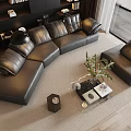 Modern Interior Black Leather L Shaped Sofa And Coffee Table Set With Vase And Plants