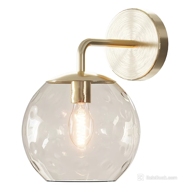 Illuminated Spherical Textured Glass Wall Lamp With Golden Metal Bracket 3d model 