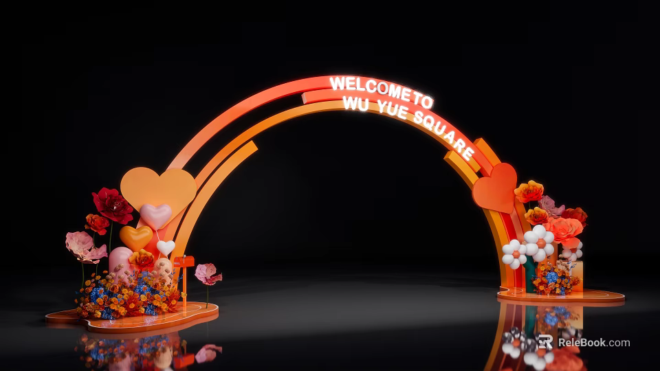 Rainbow Shaped Event Archway with Heart Decorations Flowers and Welcome Sign at Yu Yue Square 3d model 
