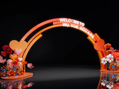 Rainbow Shaped Event Archway with Heart Decorations Flowers and Welcome Sign at Yu Yue Square 3d model