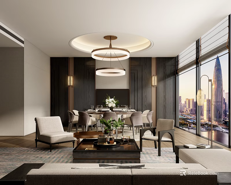 Private Dining Room Interior With Dining Table Chairs Chandeliers And City View 3d model