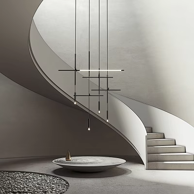 Modern Spiral Staircase Interior Design With Hanging Pendant Lights And Round Marble Table 3d model
